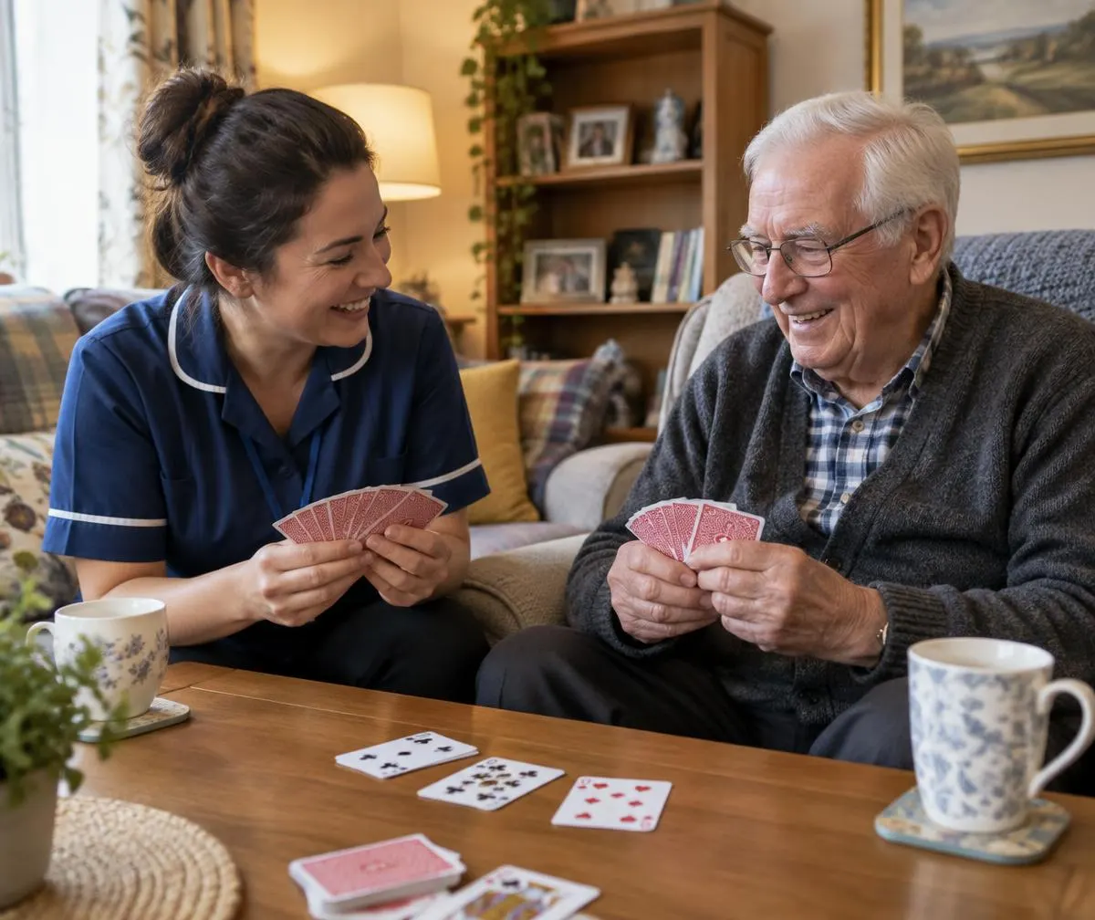 A companion and an older man enjoying a game of cards at home