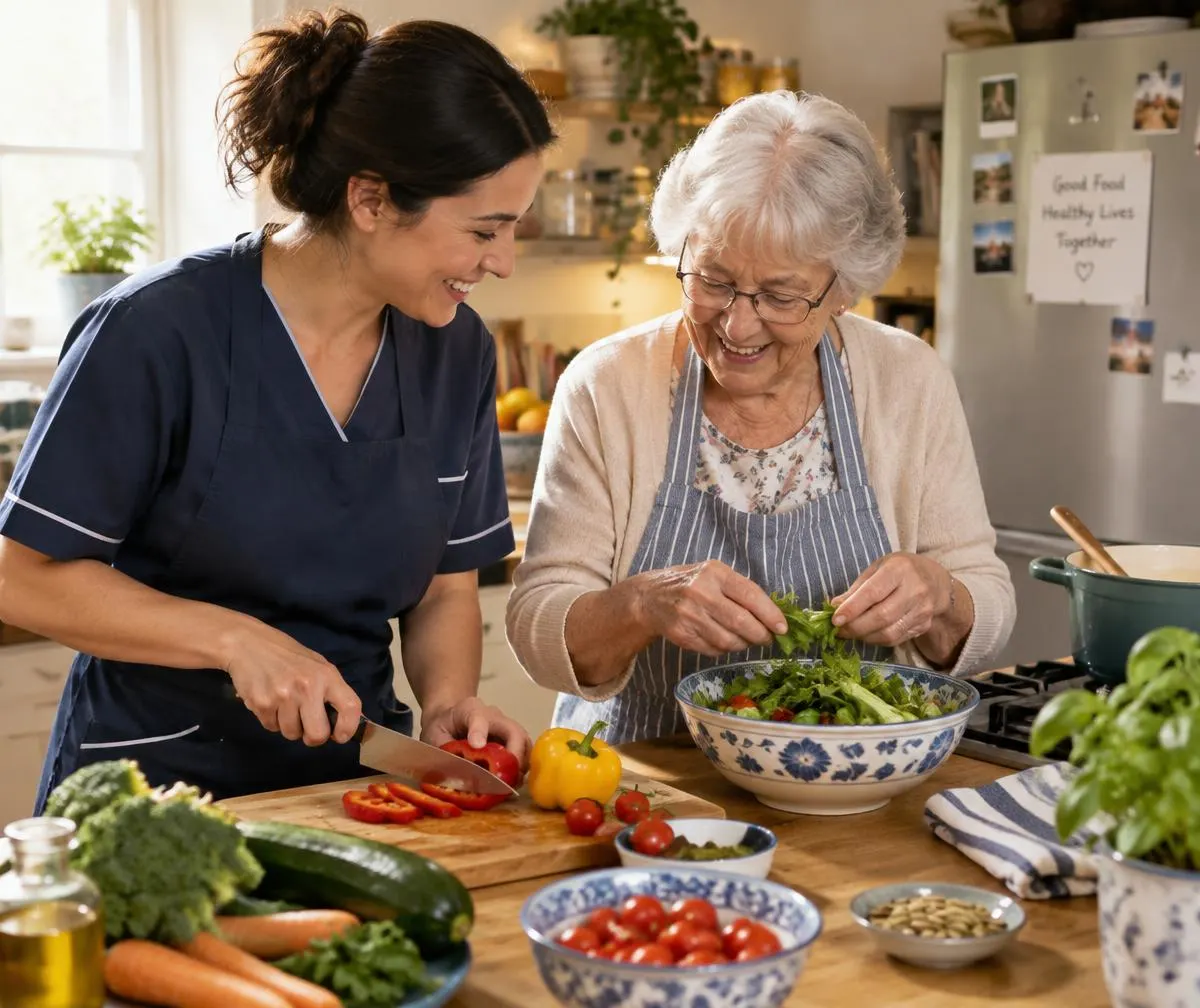 A caregiver and an older woman preparing a fresh salad together